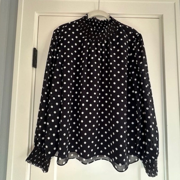 Women's J. Crew Black and White Polka Dot Lined High Neck Blouse Sz L - Picture 2 of 8